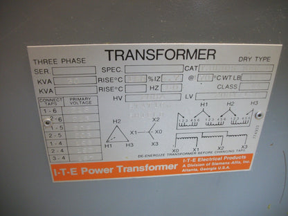 SIEMENS ITE 30KVA 3PH TRANSFORMER T3H30S HV 208D LV 208Y/120