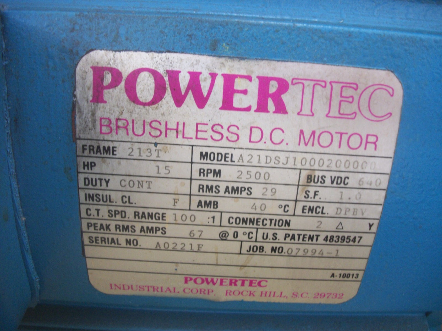 POWERTEC 15HP 213T DPBV BRUSHLESS DC MOTOR A21DSJ1000200000 640VDC 2500RPM W/BLO