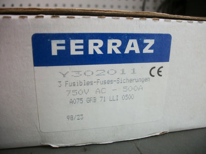 FERRAZ-SHAWMUT PROTISTOR FUSE Y302011 500AMP 750VOLT NOB