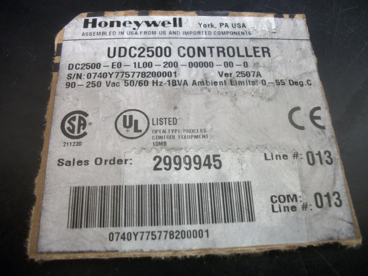 HONEYWELL UDC2500 TEMPERATURE CONTROLLER DC2500-E0-1L00-200-00000-00-0 NOB
