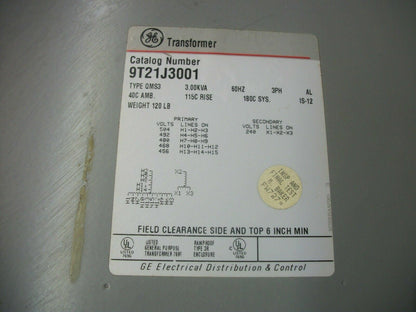 GE 3KVA 3PH TRANSFORMER 9T21J3001 HV 480 LV 240