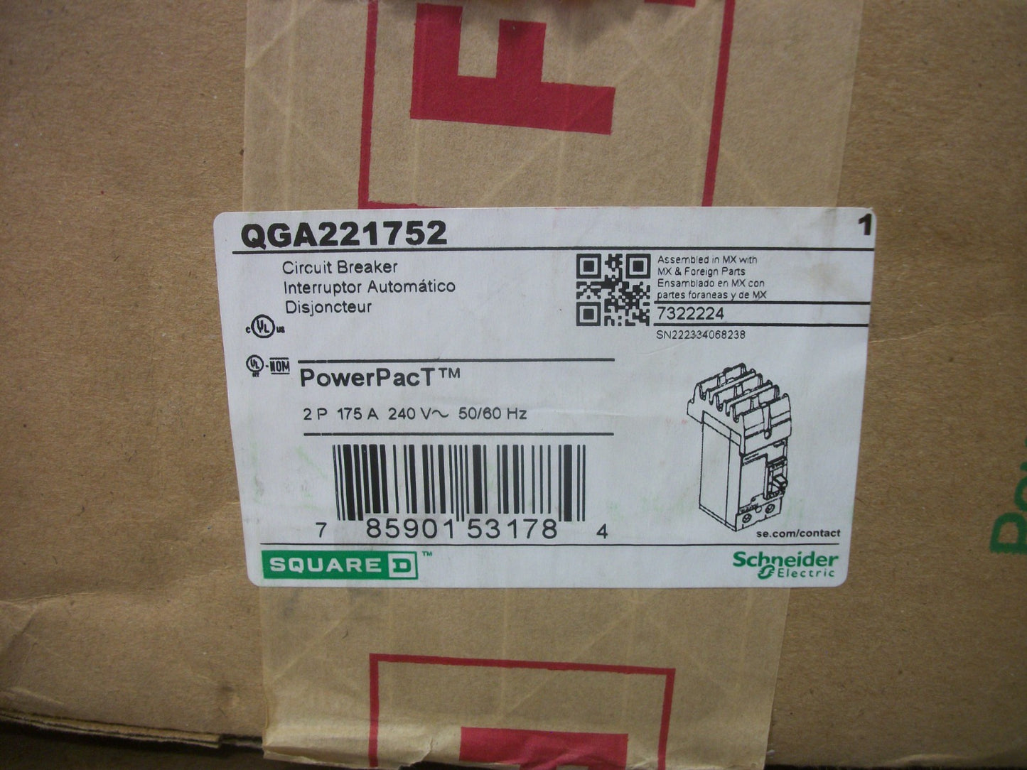 SQUARE D POWERPACT I-LINE QG CIRCUIT BREAKER QGA221752 175AMP 240VOLT 2POLE NIB