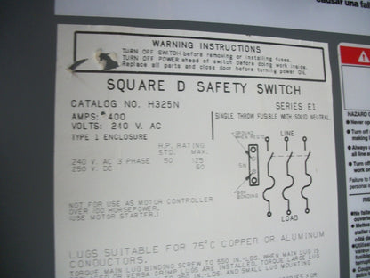 SQUARE D DISCONNECT TYPE 1 H325N 400AMP 240VOLT 3POLE FUSIBLE