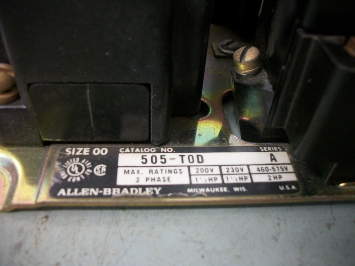 ALLEN-BRADLEY REV SIZE 00 MOTOR STARTER 505-TOD 120VCOIL 3PH 600V 2HP CHIPPED