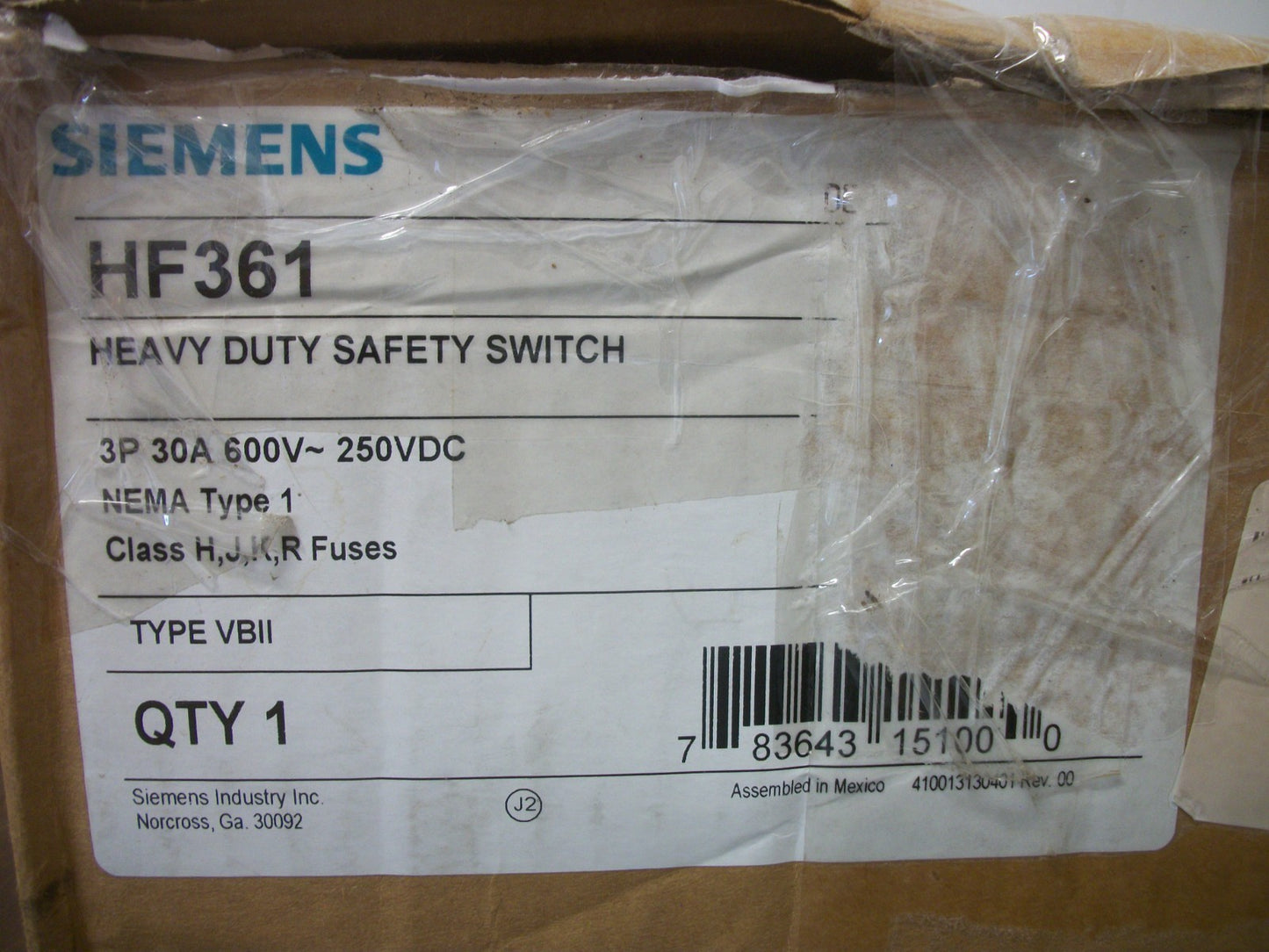 SIEMENS DISCONNECT TYPE 1 HF361 30AMP 600VOLT 3POLE FUSIBLE NIB