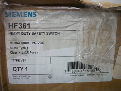 SIEMENS DISCONNECT TYPE 1 HF361 30AMP 600VOLT 3POLE FUSIBLE NIB