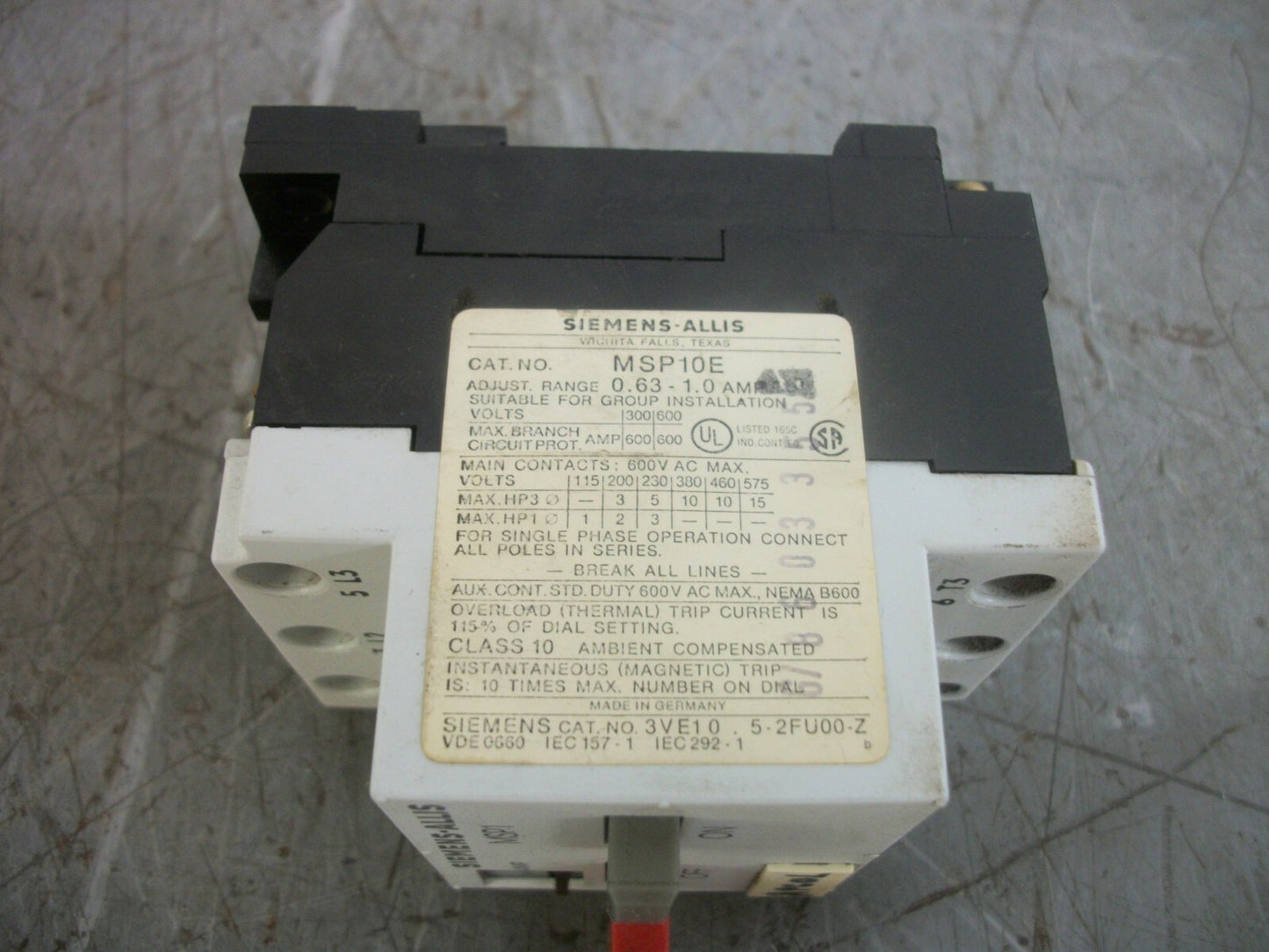 SIEMENS MANUAL MOTOR STARTER MSP10E 0.63-1.0AMP