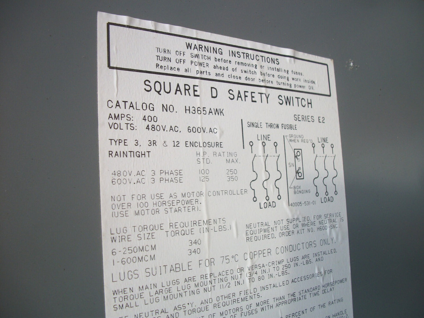 SQUARE D DISCONNECT TYPE 3,3R,12 H365AWK 400AMP 600VOLT 3POLE FUSIBLE REFURB