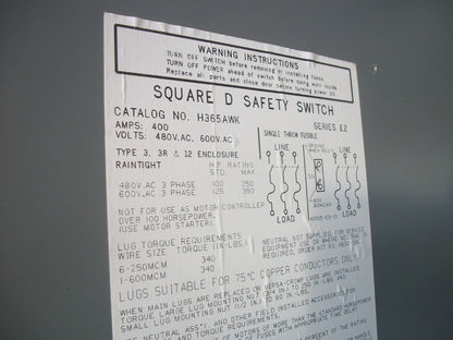 SQUARE D DISCONNECT TYPE 3,3R,12 H365AWK 400AMP 600VOLT 3POLE FUSIBLE REFURB