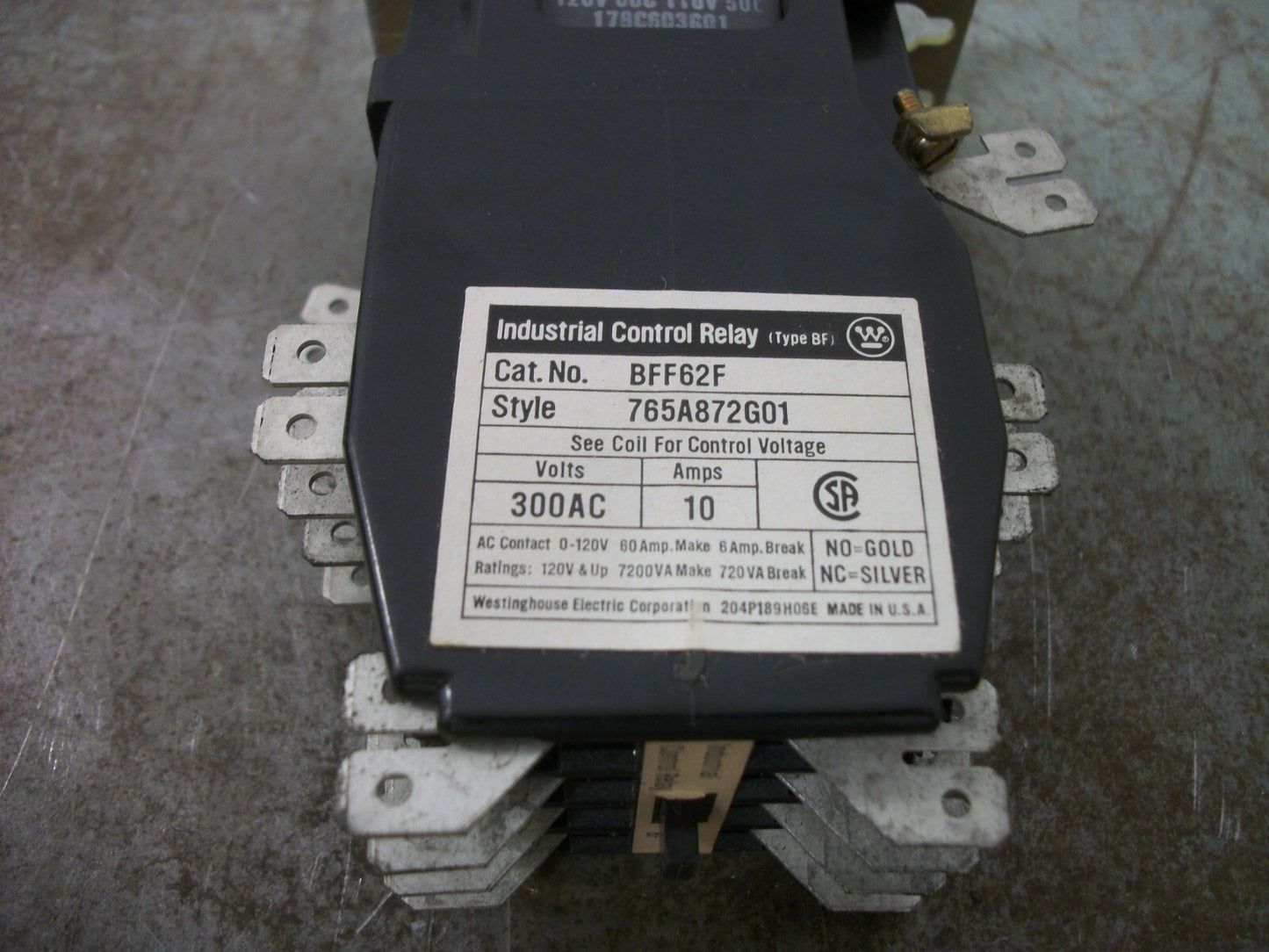 WESTINGHOUSE 765A872G01 INDUSTRIAL CONTROL RELAY BFF62F 120VCOIL 300V 10A NOB