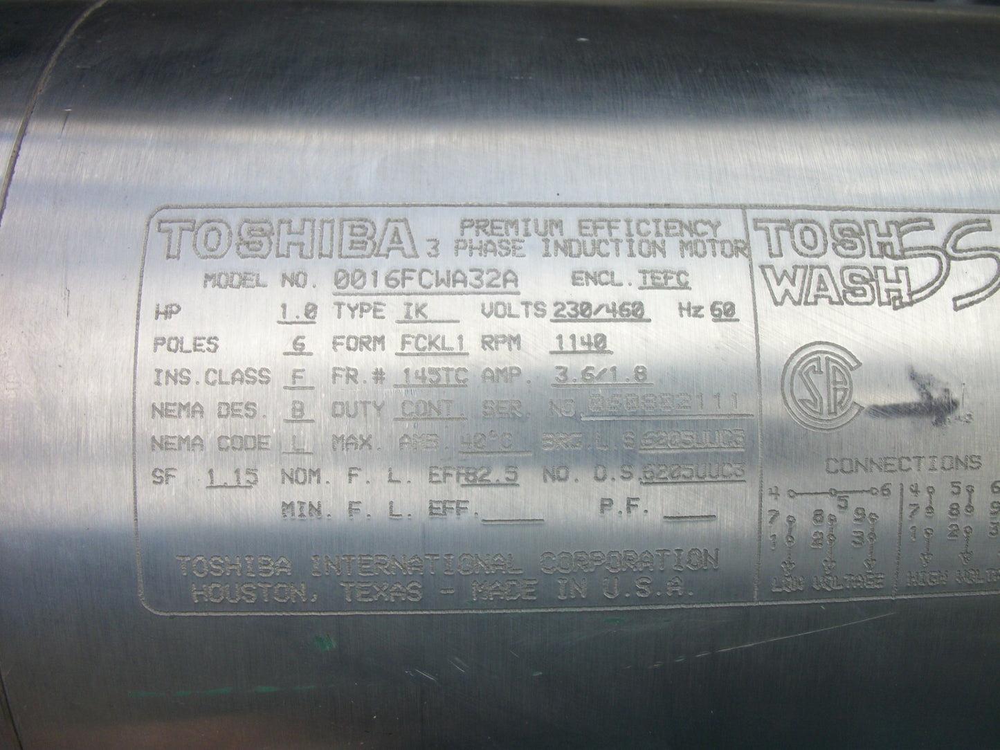 TOSHIBA TOSH WASH SS 1HP TEFC FCKL1 AC MOTOR 0016FCWA32A 460VOLT 1140RPM 3PH NOB
