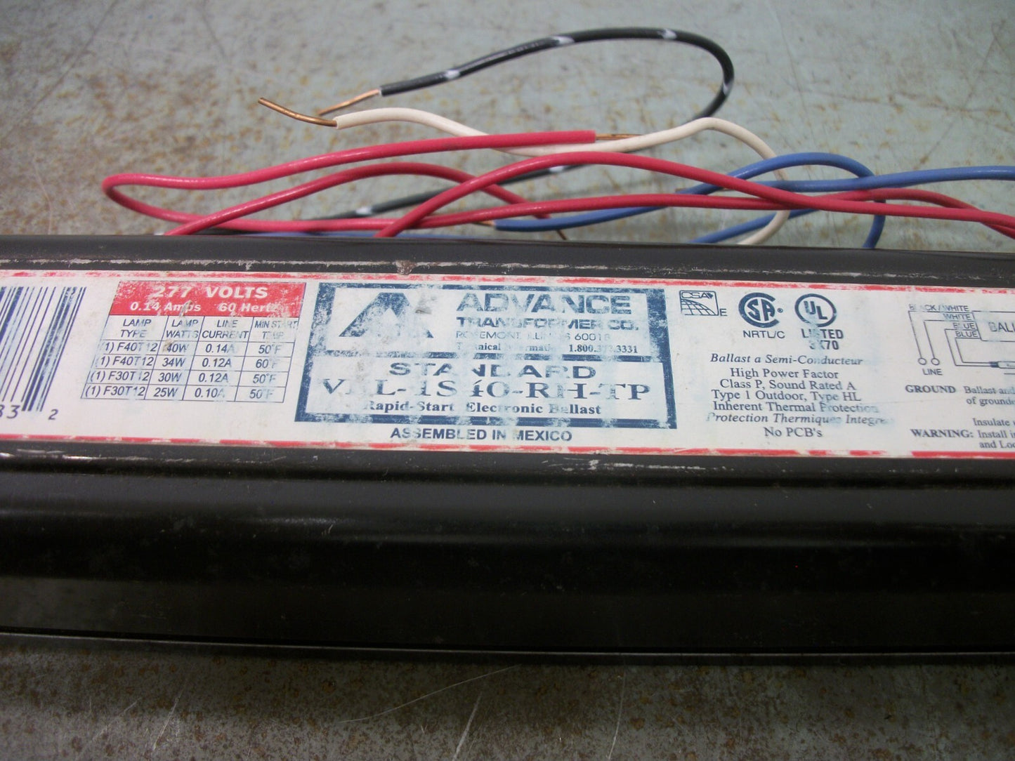 ADVANCE RAPID START ELECTRONIC BALLAST VEL-1S40-RH-TP 277VOLT