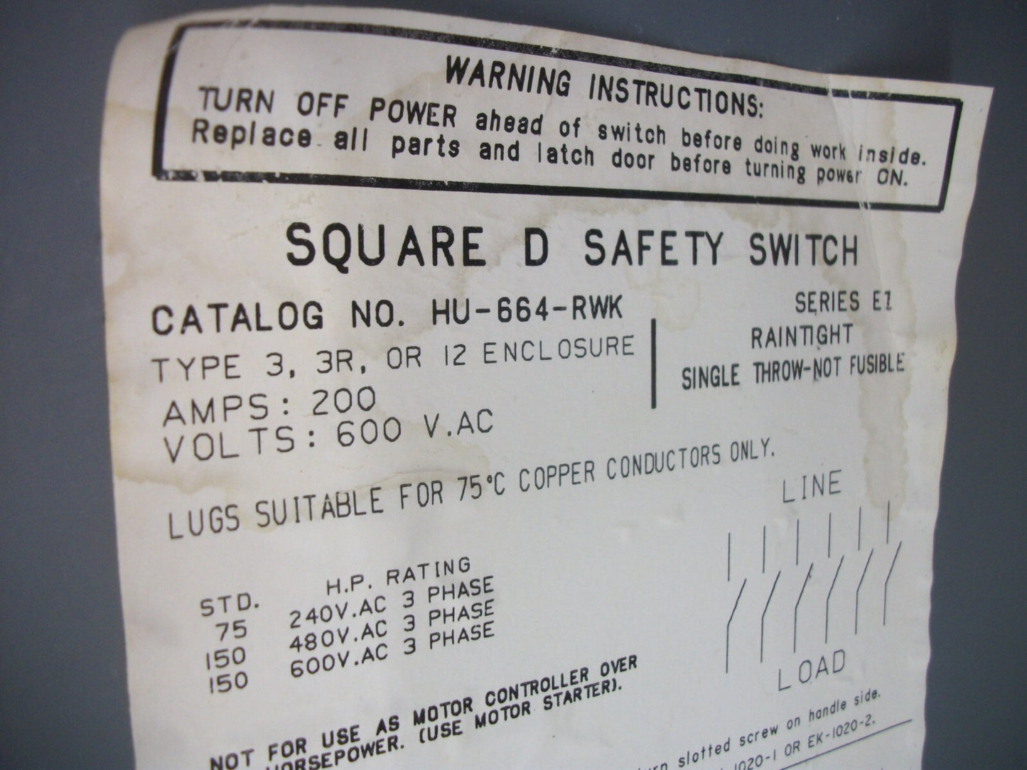 SQUARE D DISCONNECT TYPE 3R,12 HU664RWK 200AMP 600VOLT 6POLE NON-FUSIBLE