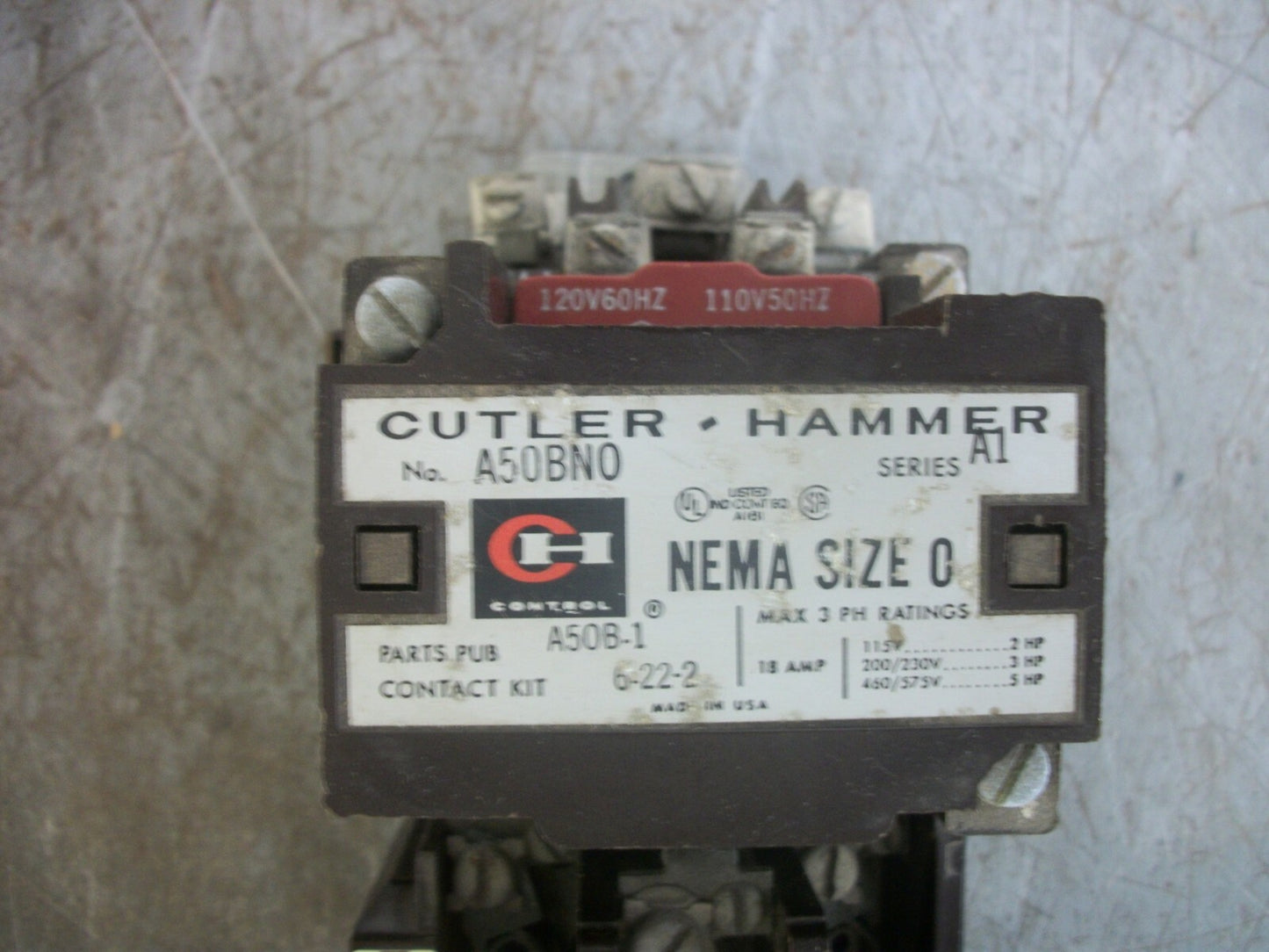 CUTLER-HAMMER SIZE 0 MOTOR STARTER A50BN0 18AMP 120VCOIL 3PH 600V 5HP