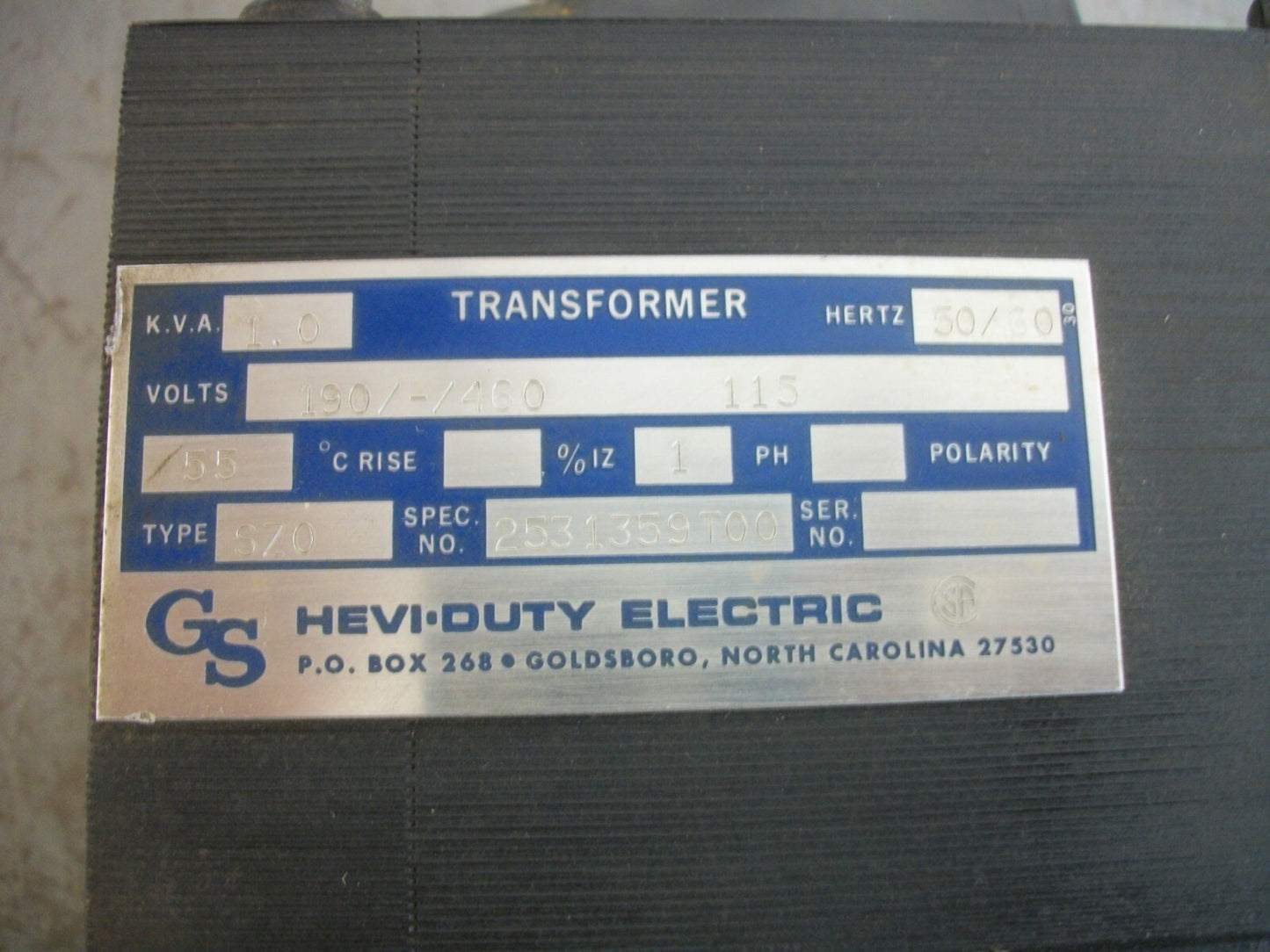 FINCOR 1KVA 1PH TRANSFORMER 1039818-03 HV 190X460 LV 115
