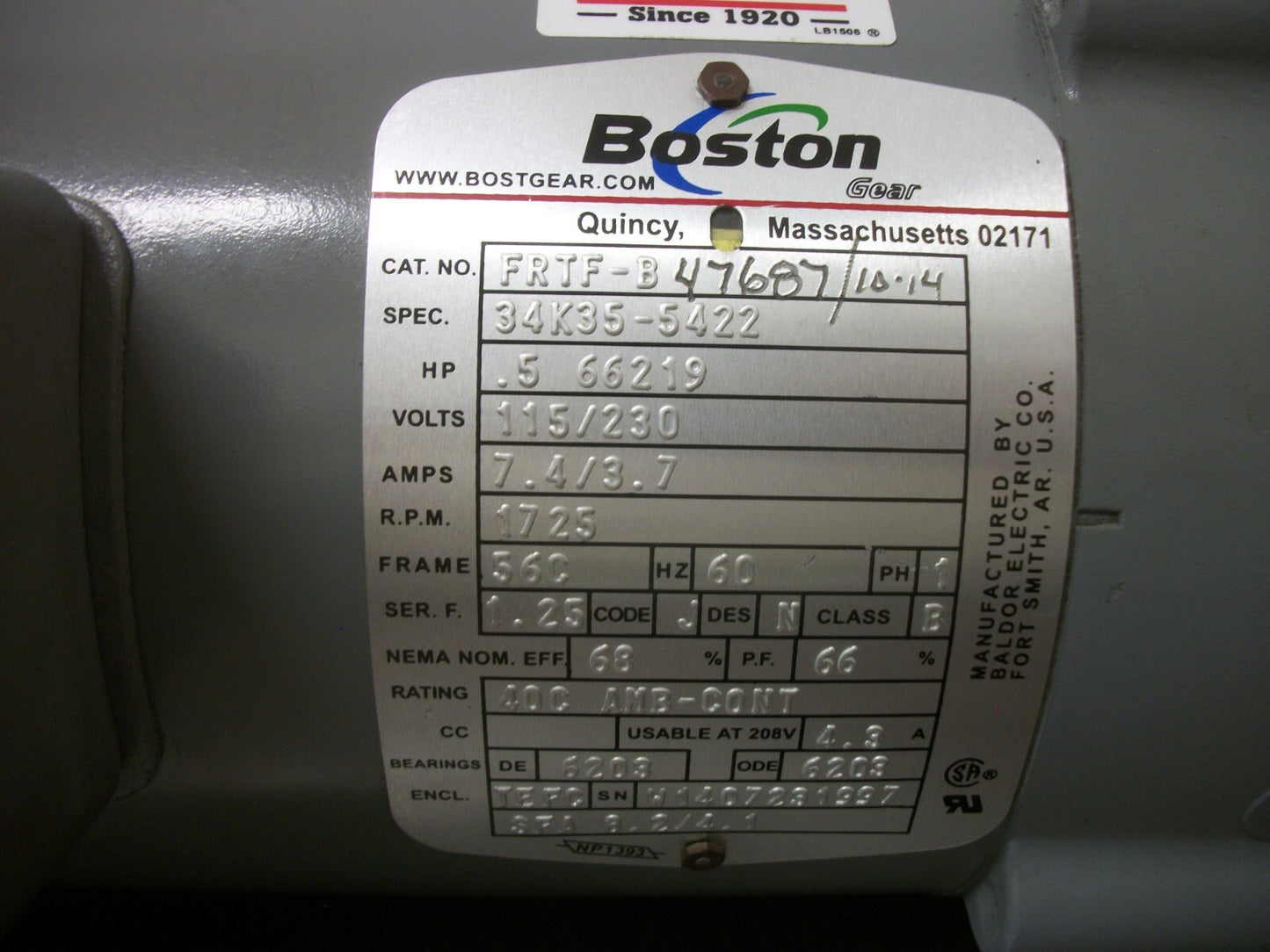 BOSTON GEAR .5HP 56C TEFC AC MOTOR FRTF-B 230VOLT 1PH 1725HP NOB