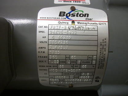 BOSTON GEAR .5HP 56C TEFC AC MOTOR FRTF-B 230VOLT 1PH 1725HP NOB