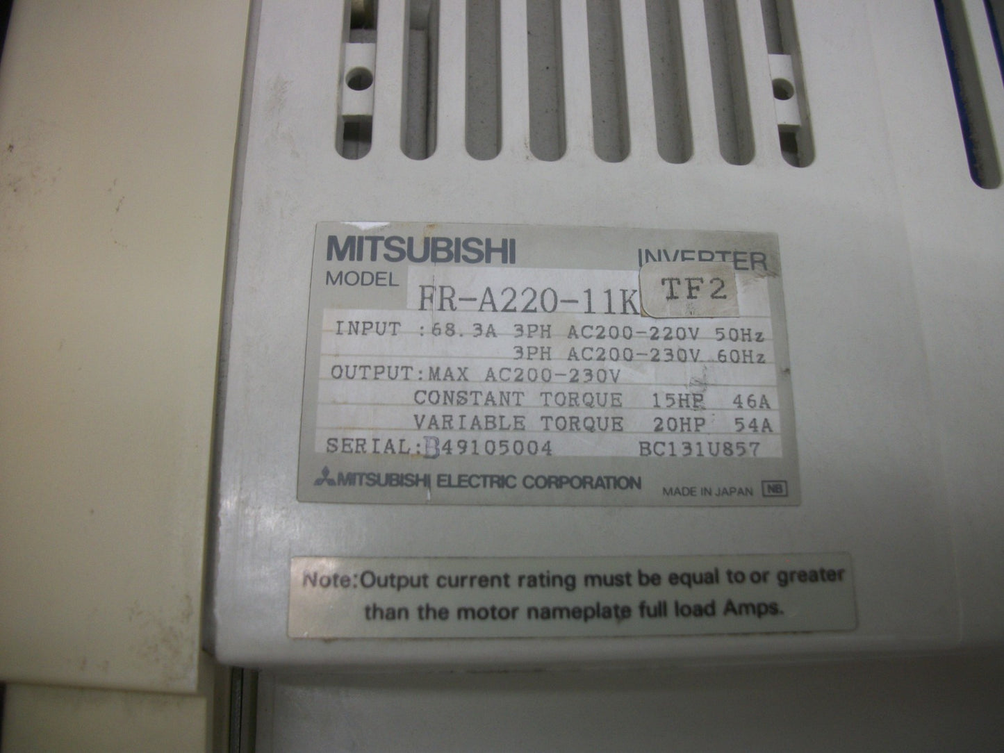 MITSUBISHI FREQROL A200 20HP INVERTER DRIVE FR-A220-11K-TF2 230VOLT 54AMP 3PH