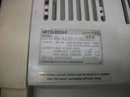 MITSUBISHI FREQROL A200 20HP INVERTER DRIVE FR-A220-11K-TF2 230VOLT 54AMP 3PH