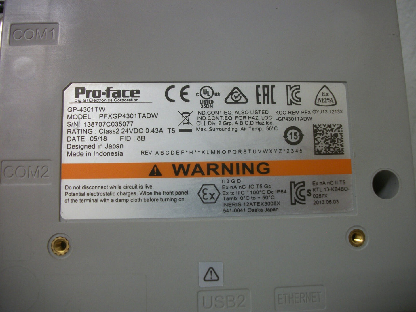 PRO-FACE DIGITAL TOUCH SCREEN OPERATOR INTERFACE DISPLAY GP-4301TW