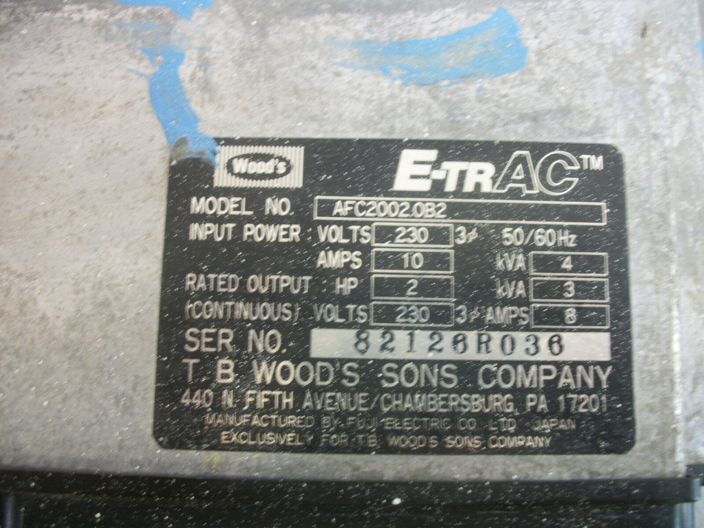 TB WOOD'S E-TRAC 2HP AC INVERTER DRIVE AFC2002-0B2 3KVA 230VOLT 3PH 8AMP