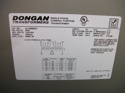 DONGAN 37.5KVA 1PH 3R TRANSFORMER 41-5680SH HV 600 LV 120/240