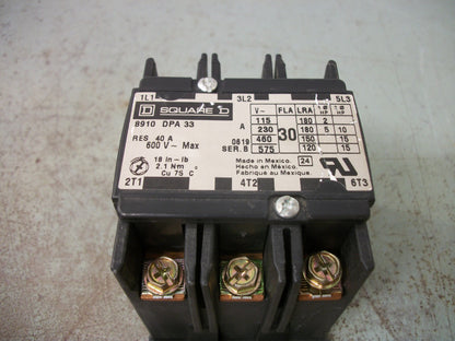 SQUARE D DEFINITE PURPOSE CONTACTOR 8910DPA33 8910DPA33 30AMP 120VCOIL...