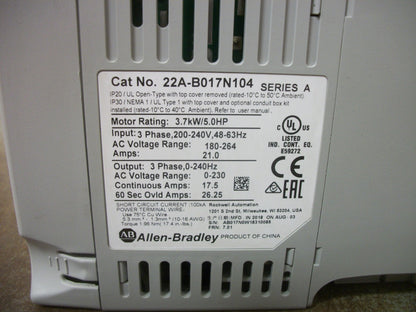 ALLEN-BRADLEY POWERFLEX 4 5HP AC DRIVE 22A-B017N104 230VOLT 3PH 17.5AMP