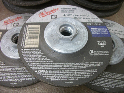 MILWAUKEE LOT OF 9 4-1/2"X1/4"X5/8"-11 TYPE 27 METAL GRINDING DISCS 49-94-4515
