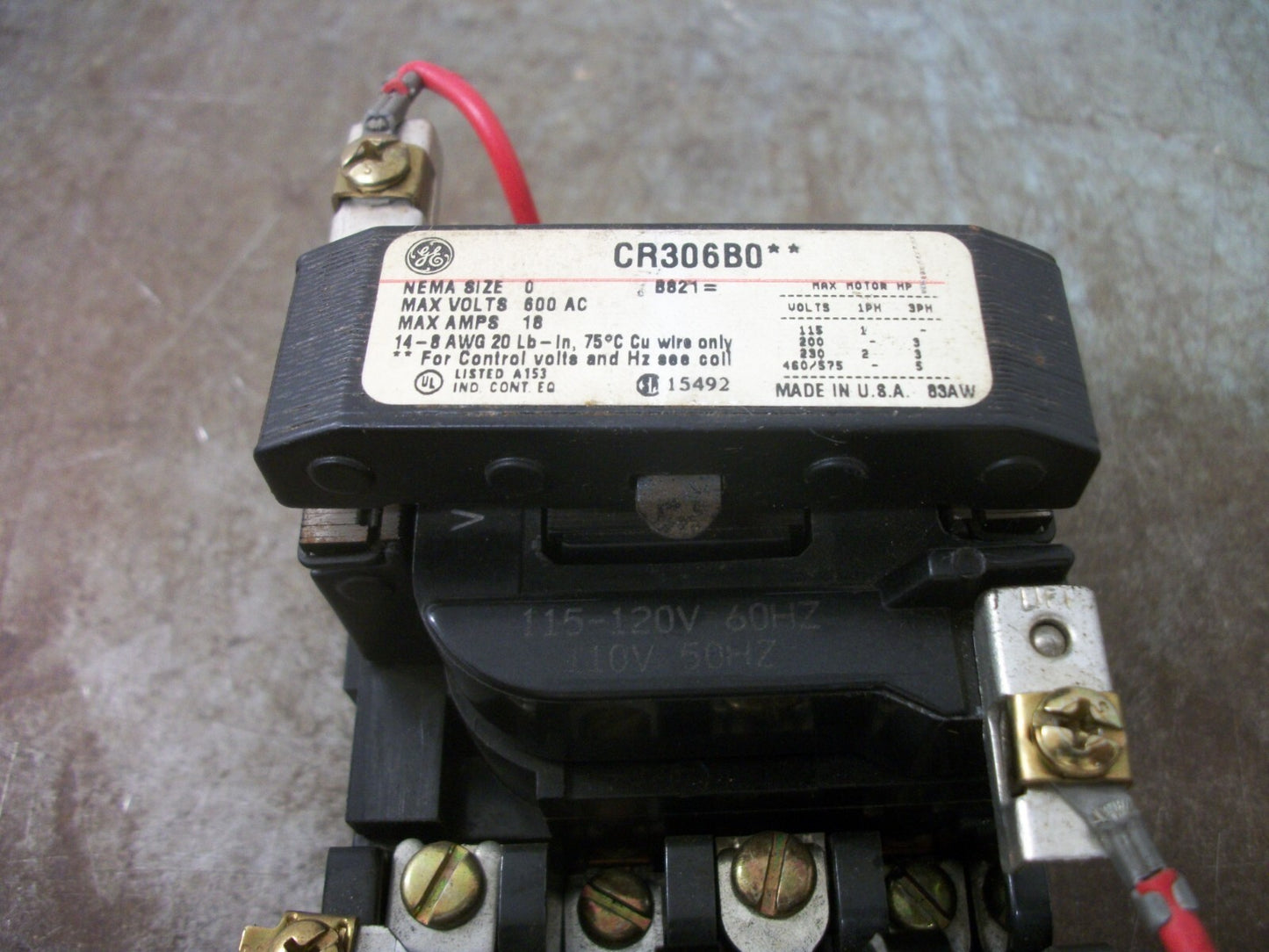 GE SIZE 0 MOTOR STARTER CR306B0** 18AMP 120VCOIL 3PH 600V 5HP