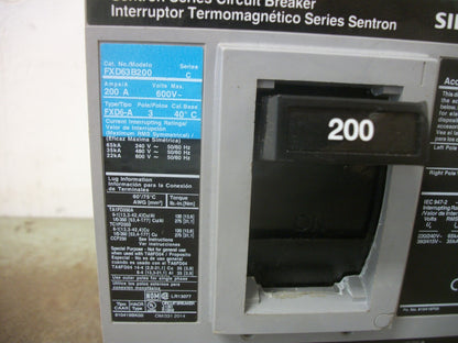 SIEMENS SENTRON FXD6-A CIRCUIT BREAKER FXD63B200 200AMP 600VOLT 3POLE