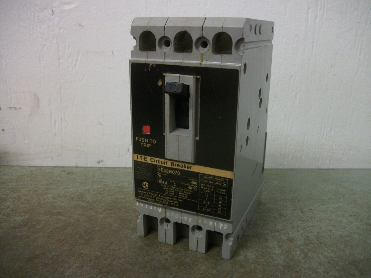 SIEMENS ITE HE4-A CIRCUIT BREAKER HE43B070 70AMP 480VOLT 3POLE