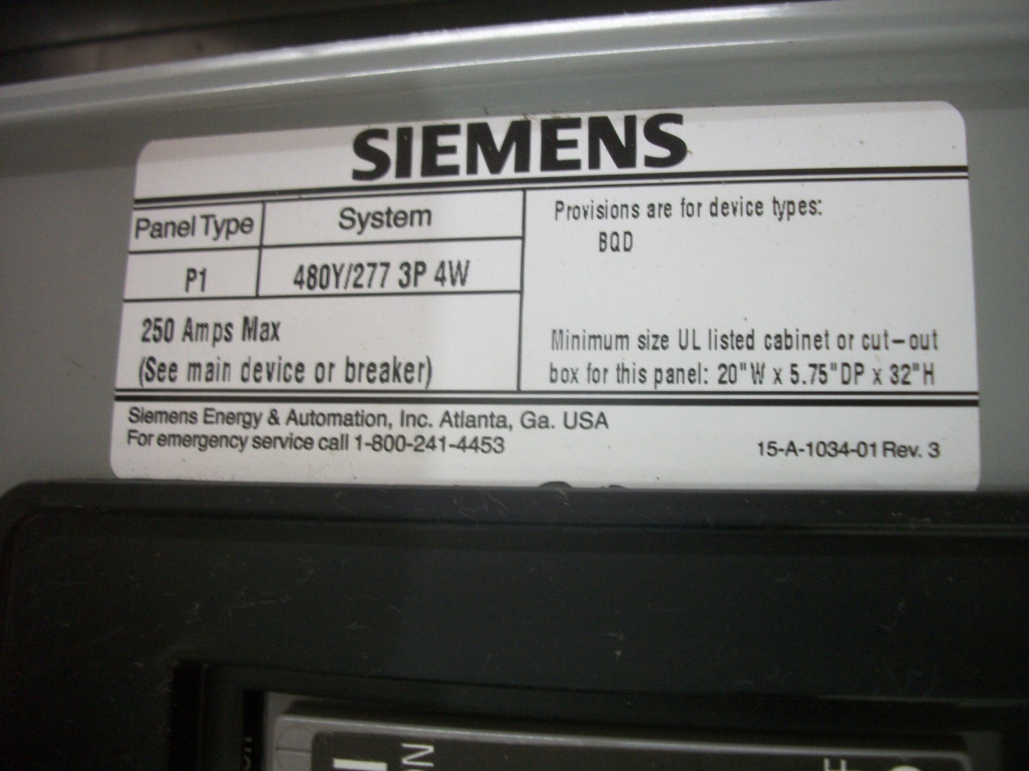 SIEMENS P1 LOAD CENTER PANELBOARD BQD 250AMP 480Y/277VOLT 3PH 4W W/150A MAIN