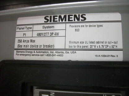 SIEMENS P1 LOAD CENTER PANELBOARD BQD 250AMP 480Y/277VOLT 3PH 4W W/150A MAIN