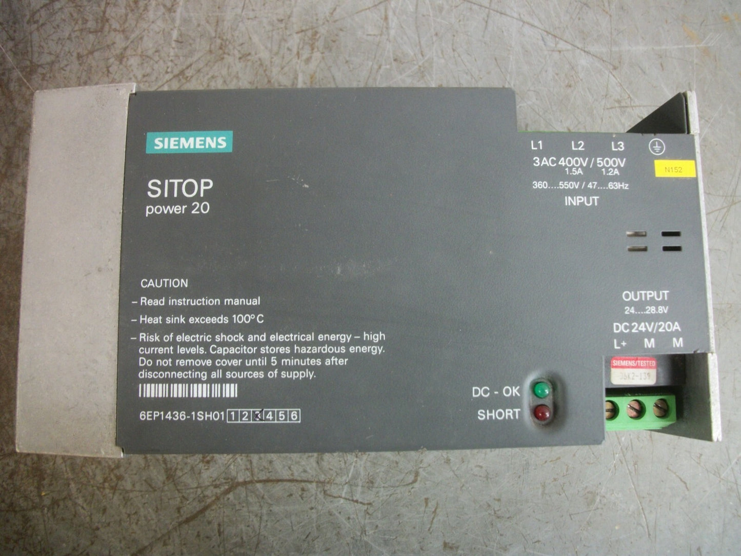 SIEMENS SITOP POWER 20 POWER SUPPLY 6EP1436-1SH01 24VDC 20AMP