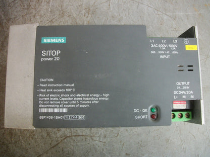 SIEMENS SITOP POWER 20 POWER SUPPLY 6EP1436-1SH01 24VDC 20AMP