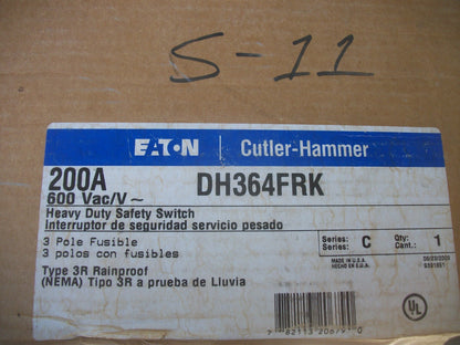 CUTLER-HAMMER DISCONNECT TYPE 3R DH364FRK 200AMP 600VOLT 3POLE FUSIBLE NIB