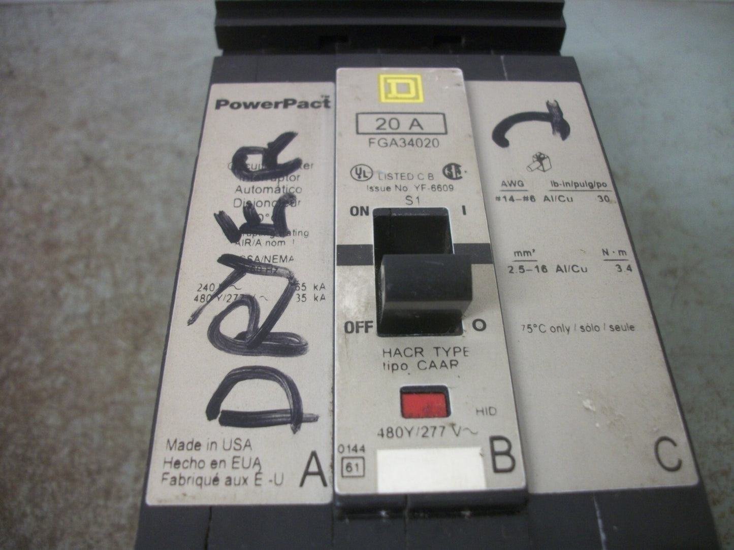 SQUARE D POWERPACT I-LINE FGA CIRCUIT BREAKER FGA34020 20AMP 480VOLT 3POLE