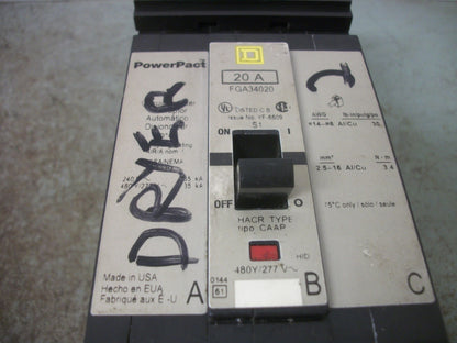 SQUARE D POWERPACT I-LINE FGA CIRCUIT BREAKER FGA34020 20AMP 480VOLT 3POLE
