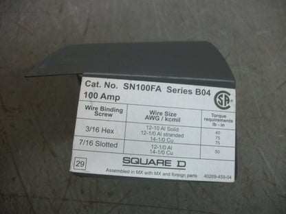 SQUARE D SERIES B04 GROUNDABLE NEUTRAL ASSEMBLY SN100FA 100AMP NOB