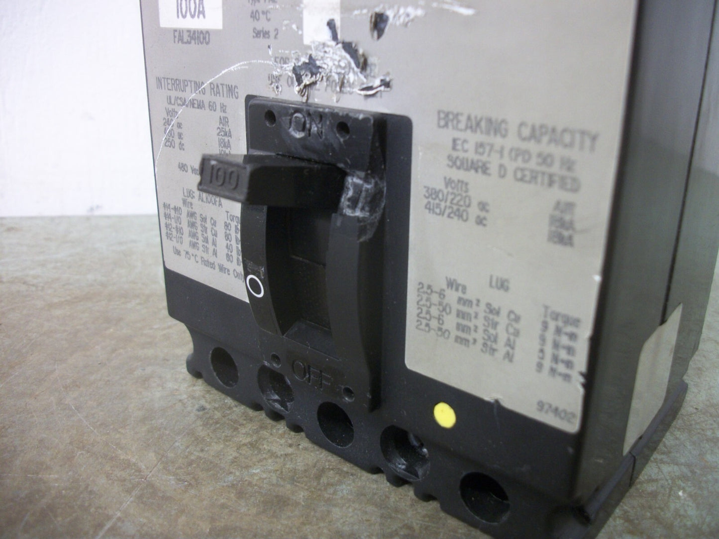 SQUARE D FAL CIRCUIT BREAKER FAL34100 100AMP 480VOLT 3POLE GRAY