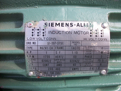 SIEMENS ALLIS 1HP 143TC RGZV1-CH INDUCTION MOTOR 089 460VOLT 1720RPM 3PH