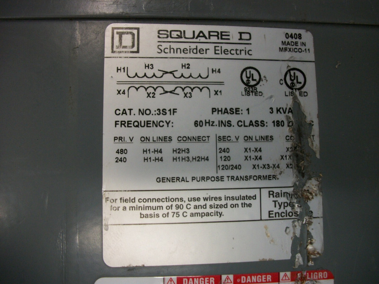 SQUARE D 3KVA 1PH TRANSFORMER TYPE 3R 3S1F HV 240X480 LV 120/240