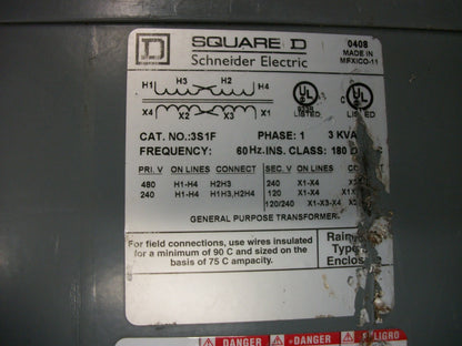 SQUARE D 3KVA 1PH TRANSFORMER TYPE 3R 3S1F HV 240X480 LV 120/240
