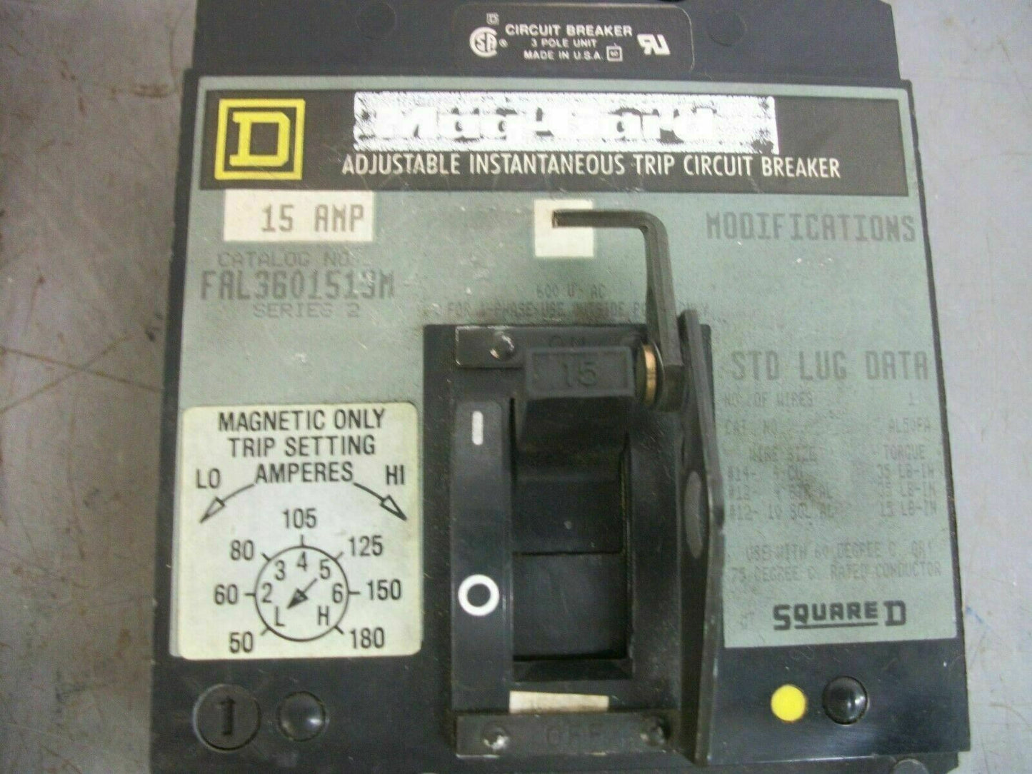 SQUARE D MAG-GARD FAL CIRCUIT BREAKER FAL3601513M 15AMP 600VOLT 3POLE GRAY