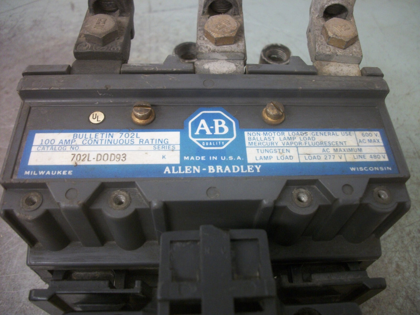 ALLEN-BRADLEY 100AMP LIGHTING CONTACTOR 702L-DOD93 120VCOIL