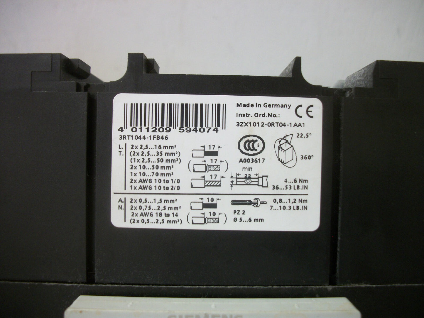 SIEMENS CONTACTOR 3RT1044-1FB46 90AMP 24VCOIL 3PH 600V 60HP