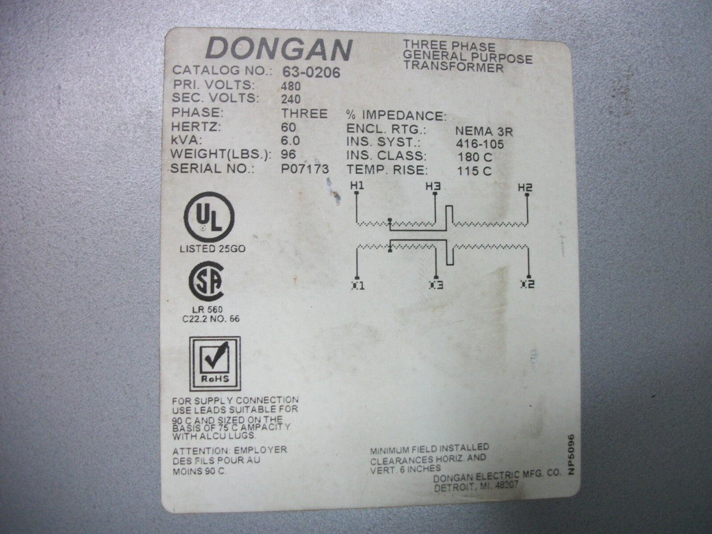 DONGAN 6KVA 3PH TRANSFORMER 63-0206 HV 480 LV 240
