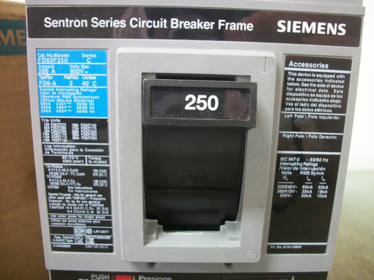 SIEMENS SENTRON FD6-A CIRCUIT BREAKER FD63F250 250AMP 600VOLT 3POLE NIB