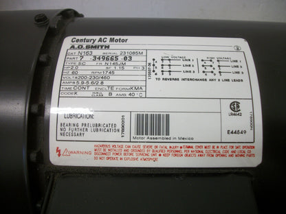 CENTURY A.O. SMITH 7-349665-03 2HP N145JM TE AC MOTOR N163 460V 3PH 1745RPM NOB